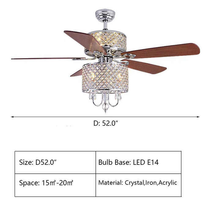 D52.0" chandelier,chandeliers,fan,fan light,diamond,crystal,bedroom,living room,dining room,wood,wood blade,crystal,iron,acrylic,american