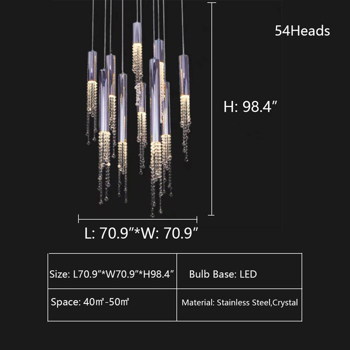 54Heads: L70.9"*W70.9"*H98.4" Foyer Staircase Chrome Ceiling Light Fixture Silver Crystal Pendant Chandelier For Hallway Entrance