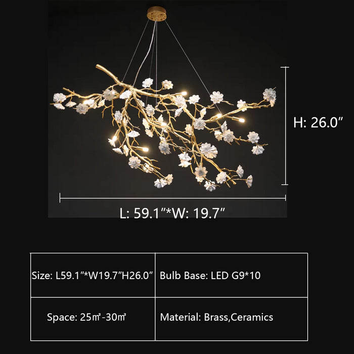 L59.1"*W19.7"*H26.0" chandelier,chandeliers,branch,flower,white,oversize,large,big,huge,extra large,long table,big table,kitchen island,dining table,brass,ceramics