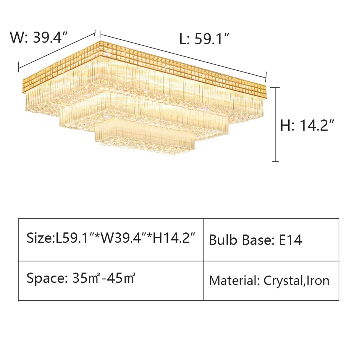 3 Layer Rectangular Extra Large Three Layers Rectangular Luxury Flush Mounted Crystal Chan ...