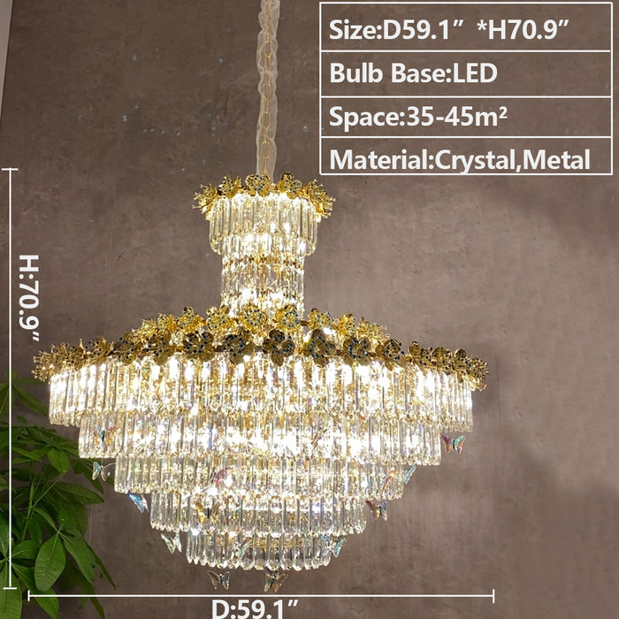Modern Light Luxury Multi-tiered Round Ctystal Chandelier for Living Room/Staircase/Foyer， gold finish, butterfly ,flower,dimension