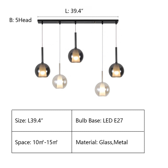B: 5Heads L39.4" chandelier,chandeliers,glass,gray,clear,Cognac,metal,pendant,stairs,high-ceiling room,bedroom,kitchen island,big table,long table,entrys,foyer