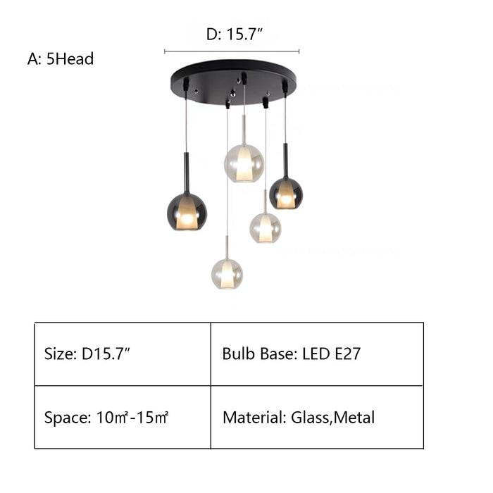A: 5Heads D15.7" chandelier,chandeliers,glass,gray,clear,Cognac,metal,pendant,stairs,high-ceiling room,bedroom,kitchen island,big table,long table,entrys,foyer
