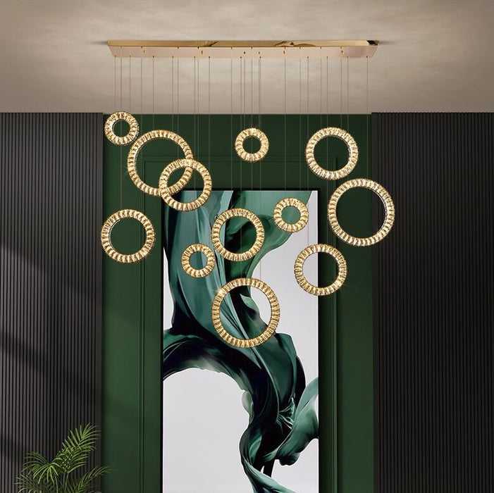 Lampadario di cristallo moderno a forma di ciambelle multi oro, lampada rotonda, per scala foyer, soggiorno, bar, hall dell'hotel, ingresso, LOFT