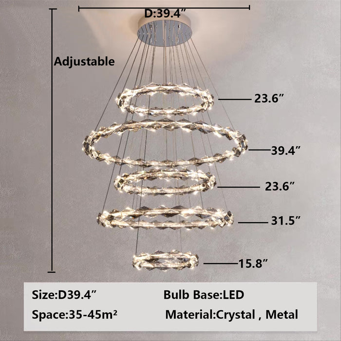 5 rings Modern Extra Large Multi-layers Ring Ceiling Crystal Chandelier For Staircase/Foyer/Hallway