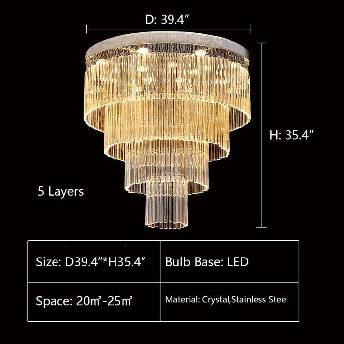 D39.4"*H35.4" chandelier.chandeliers,ceiling,flush mount,crystal rod,crystal,multi-tier,tiers,layers,round,big,huge,large,oversize,luxury,gold,chrome