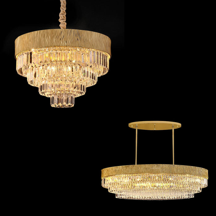 gold chandelier,oval round ,crystal, shining, tiered,delicate, living room, bedroom, dining room,light luxury ,golden, modern, new,set, ceiling 