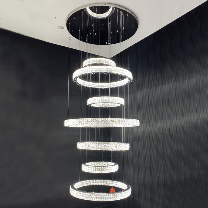 New Modern Light Luxury Oversized Multi-tiered Rings Crystal Chandelier for Staircase/Duplex/High-ceiling Space, long, luxury, noble, chrome, shining