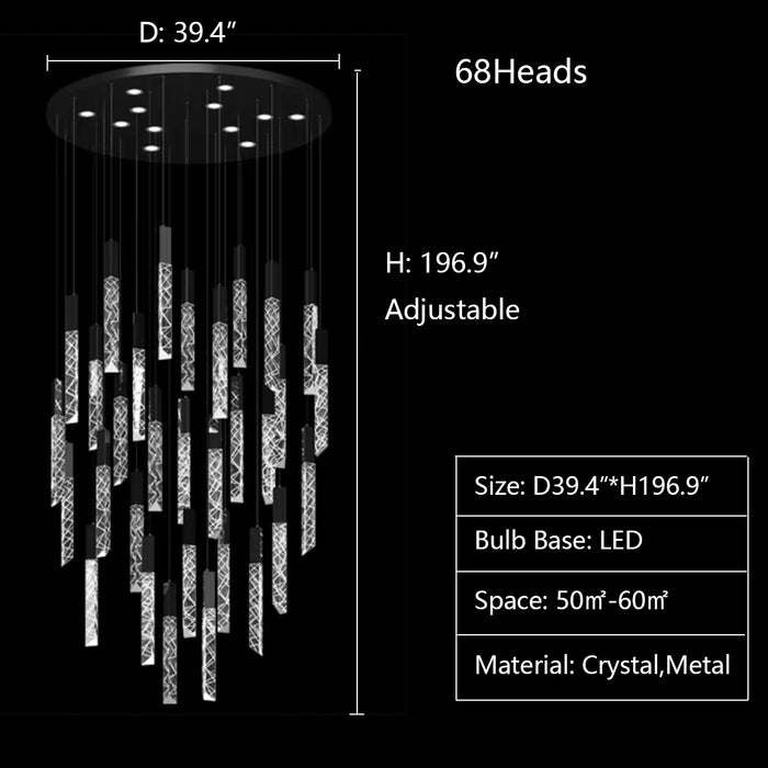 68Heads: D39.4"*H196.9" chandeleir,chandeliers,extra large,large,huge,big,oversize,rob,rectangle,round,crystal,metal,stairs,villa,loft