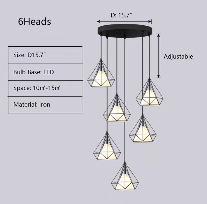 D15.7" chandelier,chandeliers,iron,diamond,industrial,cage,dining light,foyer,hallway,entryway,stairs,living room