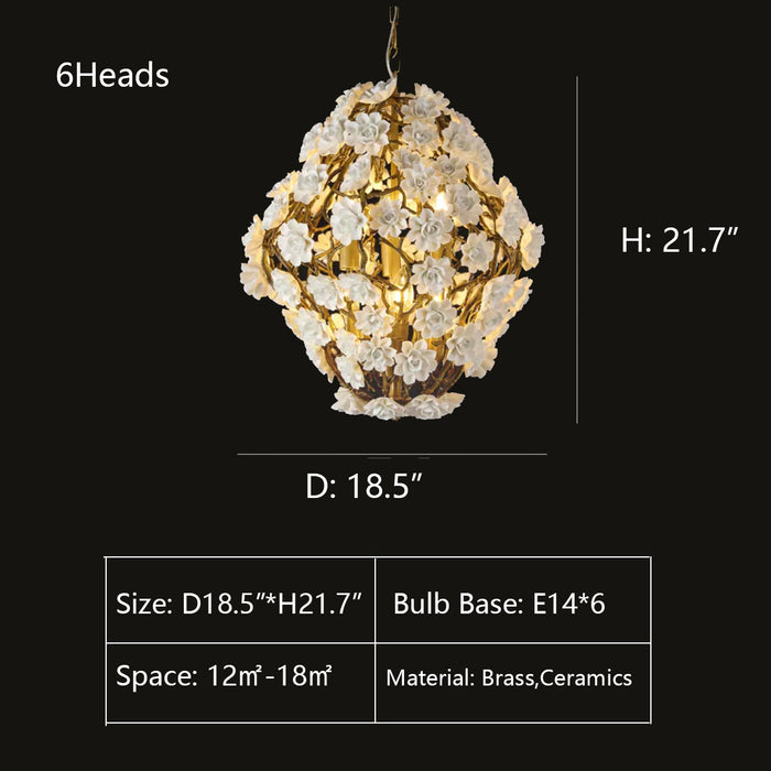 6Heads: D18.5"*H21.7" chandelier,chandeliers,flower,branch,white,gold,flush mount,dining table,kitchen island,romantic,art,designer style,foyer,stairs