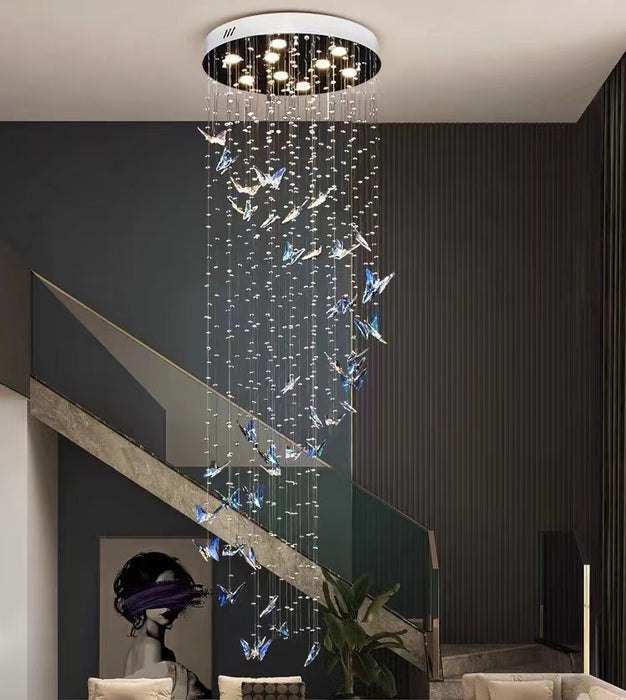 Candelabro de mariposa flotante de cristal K9 de estilo del norte de Europa para vestíbulo, escalera/entrada, comedor, luz de techo en espiral