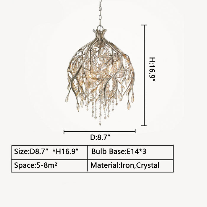 D8.7"*H16.9" chandelier,chandeliers,branch,leaves,crystal pendant,chain,raindrop,chrome