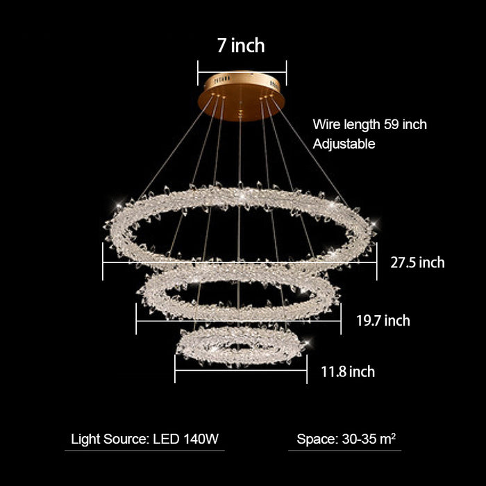 Lampadario a LED in cristallo Halo a 3 anelli per camera da letto o soggiorno delle ragazze