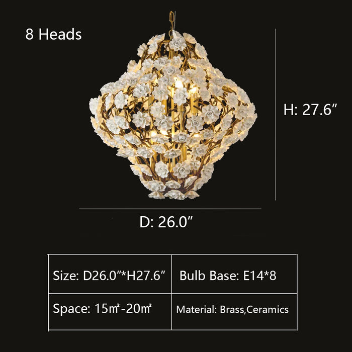 8Heads: D26.0"*H27.6" chandelier,chandeliers,flower,branch,white,gold,flush mount,dining table,kitchen island,romantic,art,designer style,foyer,stairs