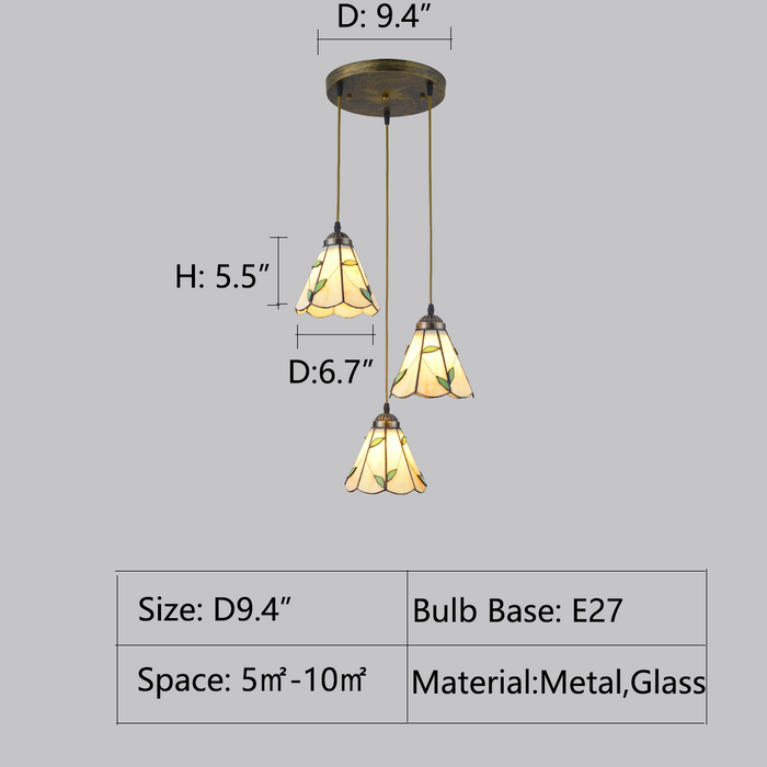 D9.4" tiffany,tiffany style,leaves,3 lights,glass,metal,dining table,long table,kitchen island,living room,foyer,hallway,entrys,entryway