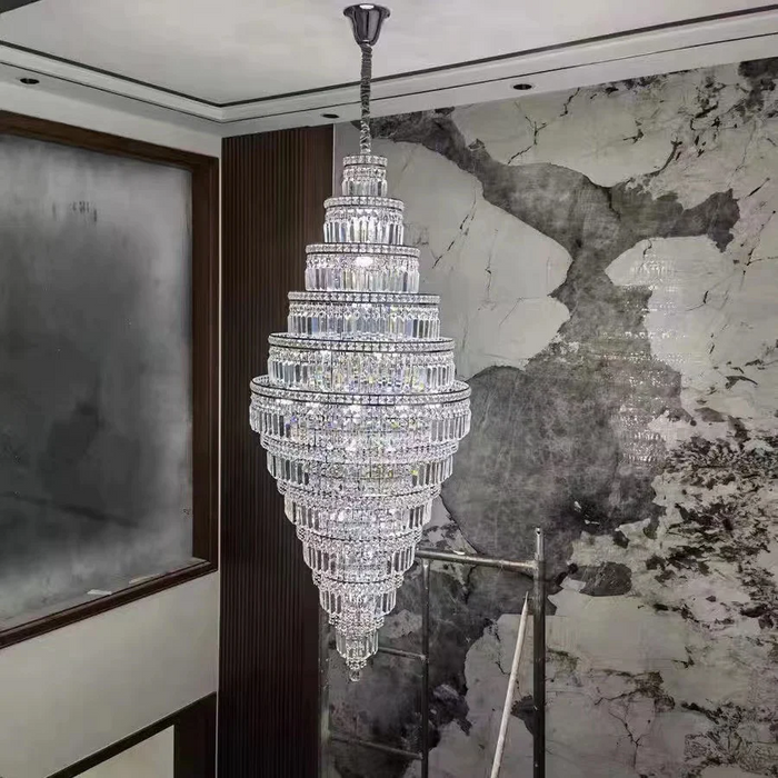Lámpara de araña de cristal extragrande cromada para vestíbulo, escalera, sala de estar, entrada, lámpara de techo en plata