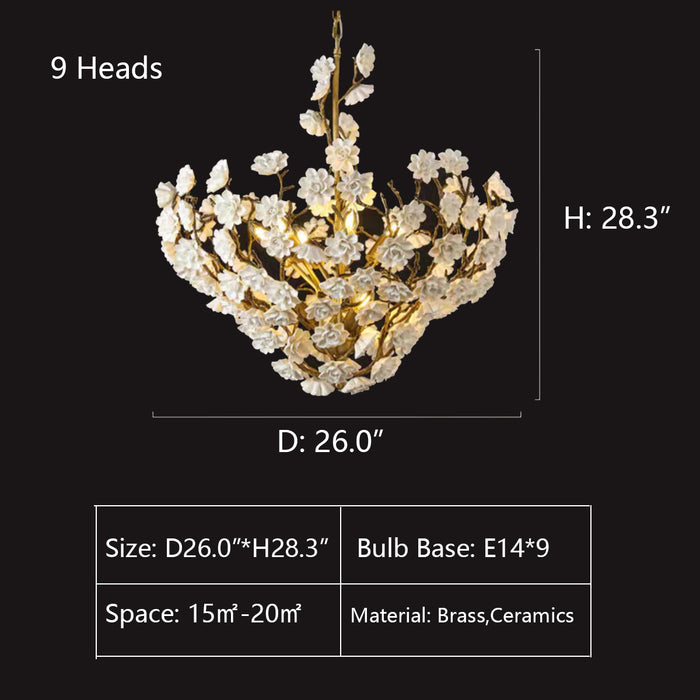 9Heads: D26.0"*H28.3" chandelier,chandeliers,flower,branch,white,gold,flush mount,dining table,kitchen island,romantic,art,designer style,foyer,stairs