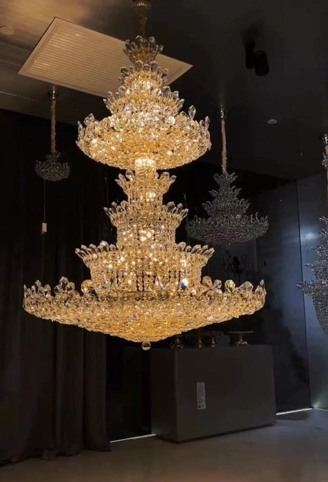 Lampadario di cristallo impero dorato di lusso extra large, apparecchio multistrato per foyer/grande corridoio/hall dell'hotel/sala del palazzo
