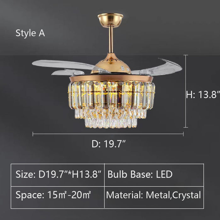 D19.7"*H13.8" chandelier,chandeliers,fan,fan light,invisible,3 blades, 3 leaves, crystal,metal,gold,luxury,light luxury,pendant,crystal pendant,living room,dining room,kitchen,bar,bedroom