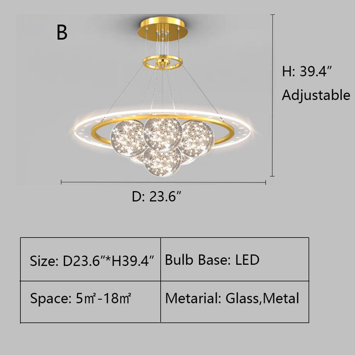 B: D23.6"*H39.4" chandelier,chandeliers,modern,nordic,romantic,star,glass,spurk,round,ring,hollow,dining table,big table
