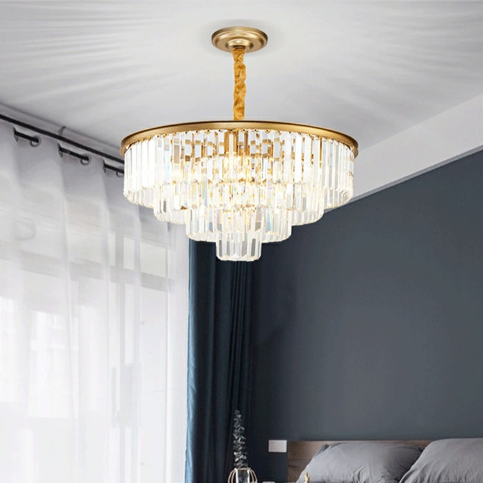 Black/ Gold Finish Iron Cake Tiered Shape Crystal Chandelier Round Living Room Ceiling Light Fixture