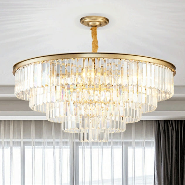 Lámpara de techo redonda para sala de estar, candelabro de cristal con forma escalonada de pastel de hierro con acabado negro/dorado