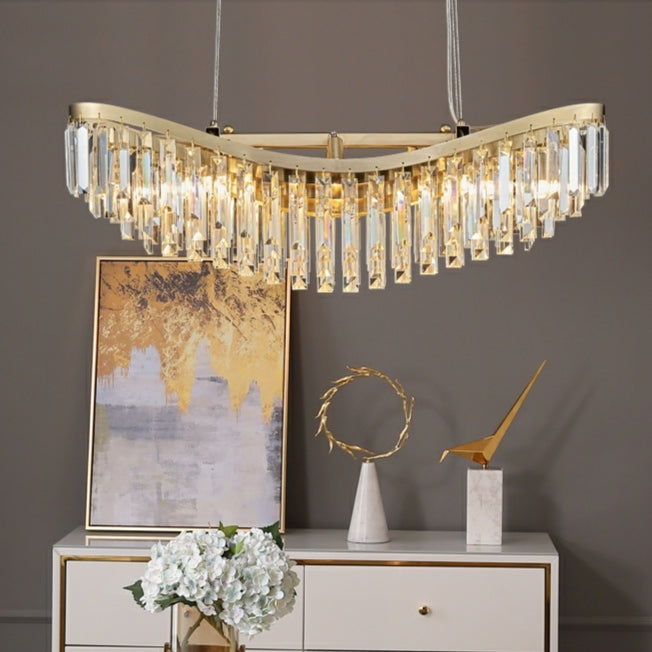 Boat Shaped LED Crystal Chandelier Oval Ceiling Light Fixture For Living/ Dining Room Table In Brass Finish