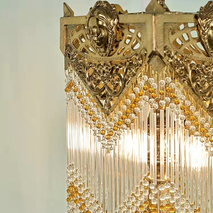 Lámpara de mesa de estilo Retro de lujo elegante lámpara de mesa de noche con borlas de cristal claro de cobre puro