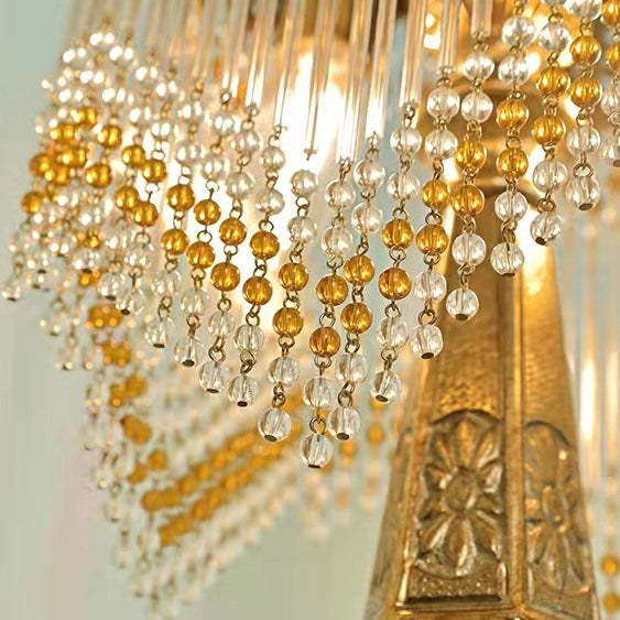 Lámpara de mesa de estilo Retro de lujo elegante lámpara de mesa de noche con borlas de cristal claro de cobre puro