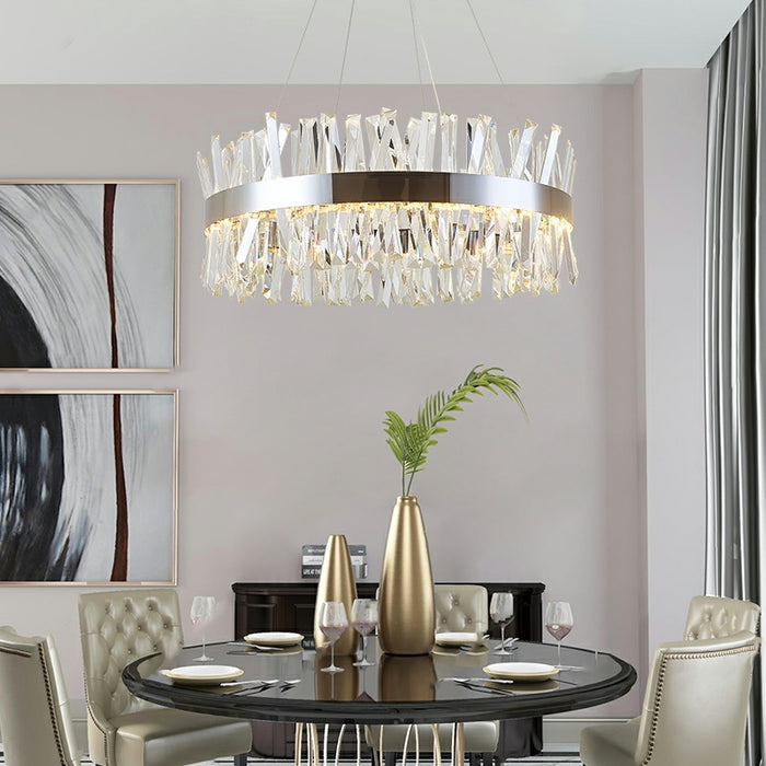 Chrome Stainless Steel Crystal Chandelier Silver Iron Round Pendant Light For Living/ Dining Room