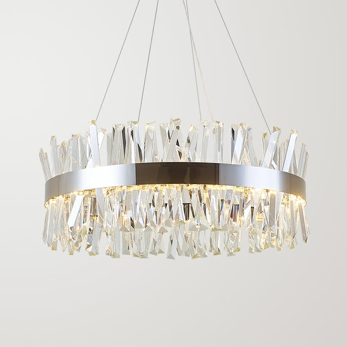 Lámpara colgante redonda de hierro plateado y cristal de acero inoxidable cromado para sala de estar/comedor