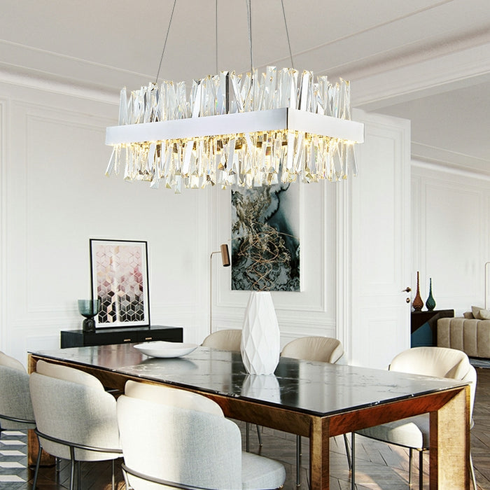 Lámpara colgante redonda de hierro plateado y cristal de acero inoxidable cromado para sala de estar/comedor
