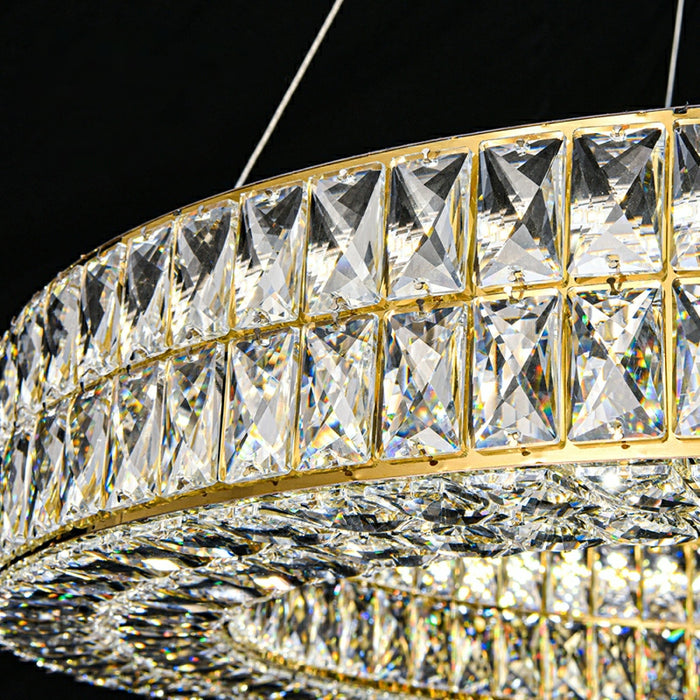Lámpara colgante de anillo de cristal decorativo para sala de estar, luz colgante redonda de lujo con acabado dorado