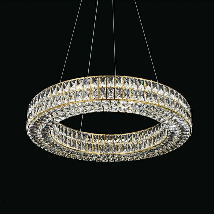 Lampadario a sospensione con anello di cristallo decorativo per soggiorno, lampada a sospensione rotonda di lusso con finitura dorata