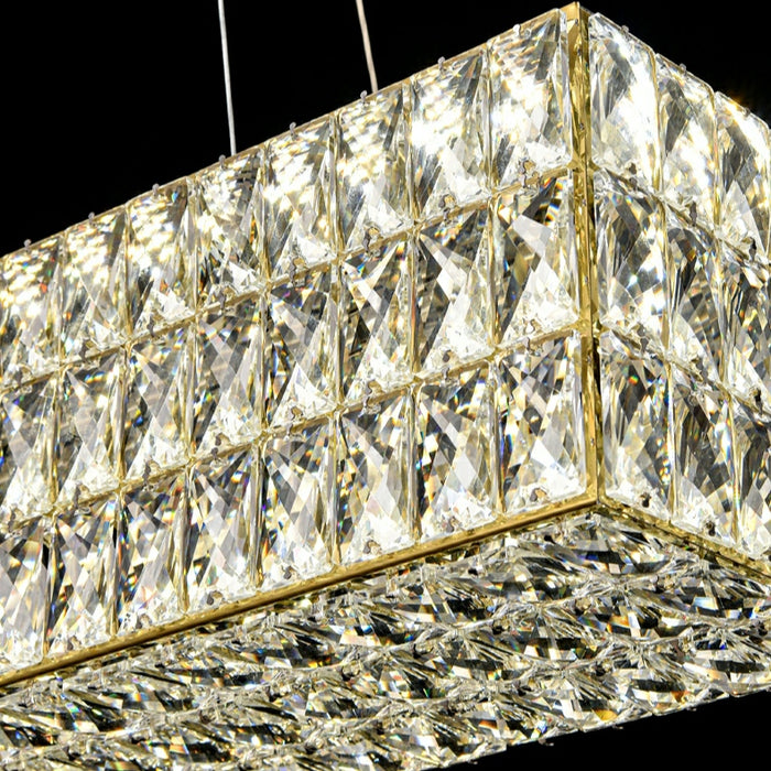 Lampadario a sospensione in cristallo cubico rettangolare decorativo per sala da pranzo Lampada a sospensione di lusso con finitura oro