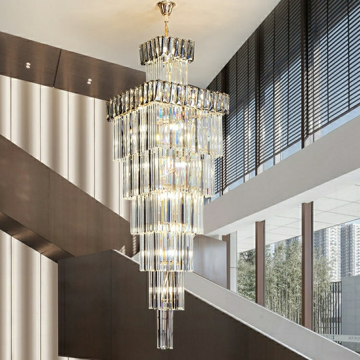 Decorative Extra Length L39.4"*W39.4"*H157.5" Vertical Luxury Crystal Staircase Chandelier Foyer High Ceiling Light Fixture Lamp In Gray/ Amber Brim For Lobby Hotel Hallway Entrance 