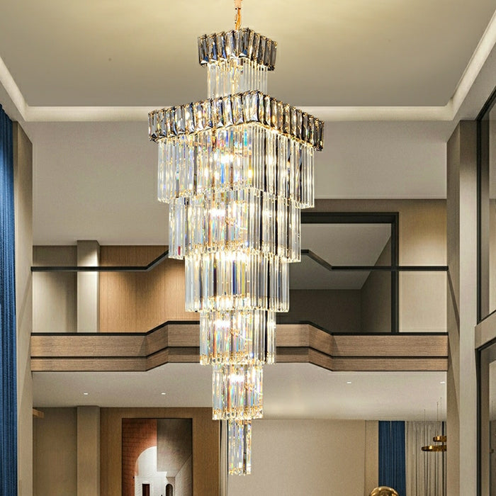Decorative Extra Length L39.4"*W39.4"*H157.5" Oversized Vertical Luxury Fabulous Crystal Staircase Chandelier Foyer High Ceiling Light Fixture Lamp In Gray/ Amber Brim For Lobby Hotel Hallway Entrance