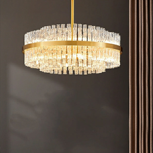 Lámpara de araña de tubo de onda de cristal de latón elegante para sala de estar, luz/lámpara de techo redonda de cobre puro para mesa de comedor