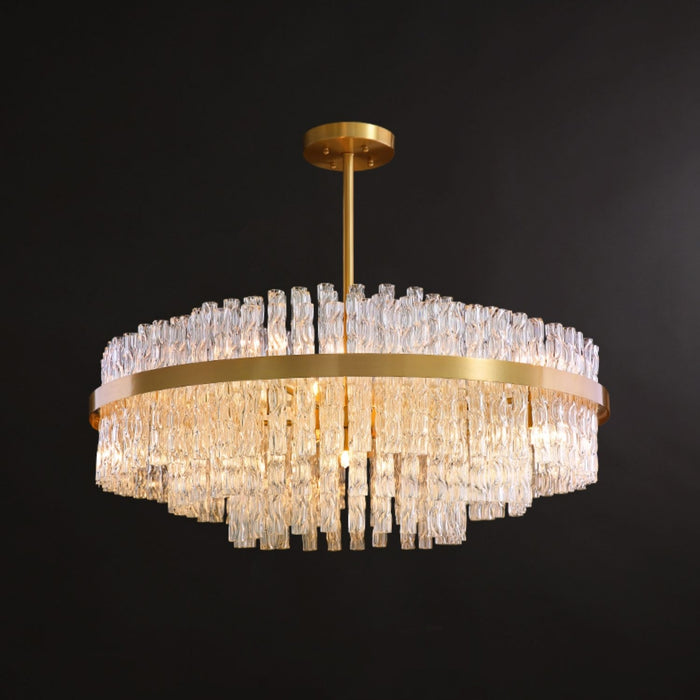 Elegant Brass Crystal Wave Tube Chandelier For Living Room Pure Copper Round Dining Table Ceiling Light/ Lamp