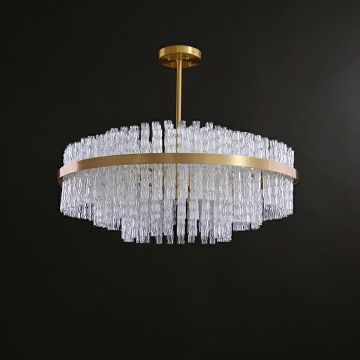 Elegant Brass Crystal Wave Tube Chandelier For Living Room Pure Copper Round Dining Table Ceiling Light/ Lamp