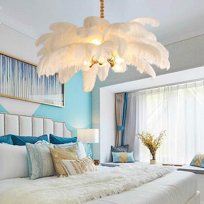 Elegant Ostrich Feather Brass Living Room Chandelier
