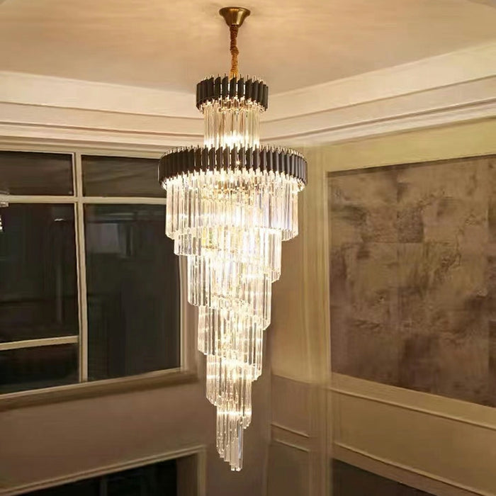 Oversized Customization Vertical Long Crystal 2 Story Foyer Hallway Chandelier Spiral Staircase High Ceiling Lighting Fixture In Black/ Gold Finish