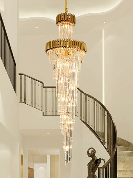 Oversized Customization D39.4"*H157.5" Vertical Long Crystal Shiny Bright Fabulous 2 Story Foyer Hallway Chandelier Spiral Staircase High Ceiling Lighting Fixture In Black/ Gold Finish