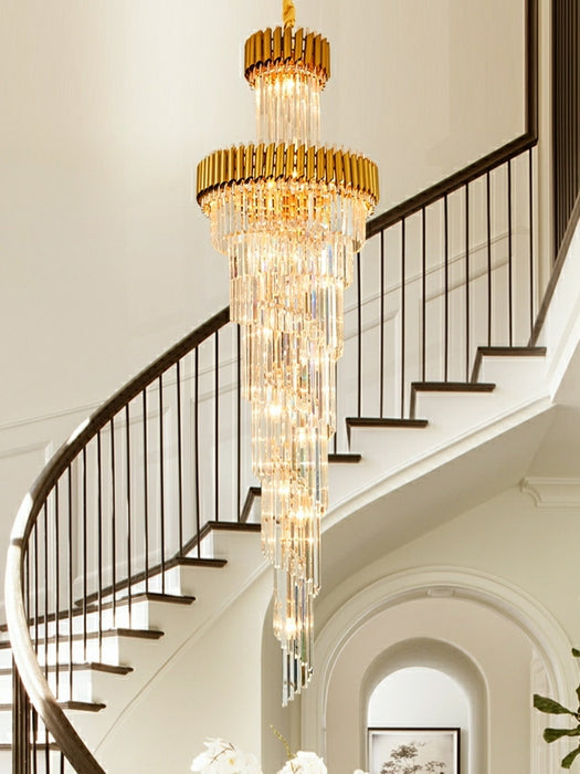 Oversized Customization D39.4"*H157.5" Vertical Long Crystal Shiny Bright Fabulous 2 Story Foyer Hallway Chandelier Spiral Staircase High Ceiling Lighting Fixture In Black/ Gold Finish