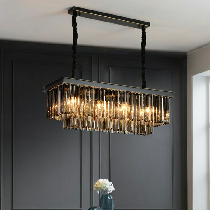 Fashion Kitchen Island Crystal Chandelier In Black/ Smoky Gray Finish Two Tiers Rectangle Chain Pendant Light/ Lamp For Long Dining Table