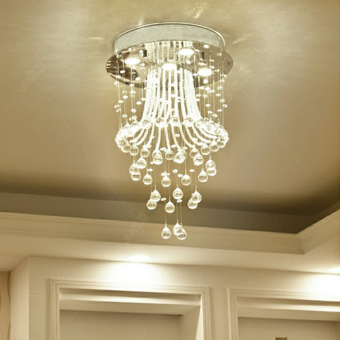 Flush Mounted Crystal Drops Chandelier Elegant Ceiling Light Fixture For Bedroom/ Living Room