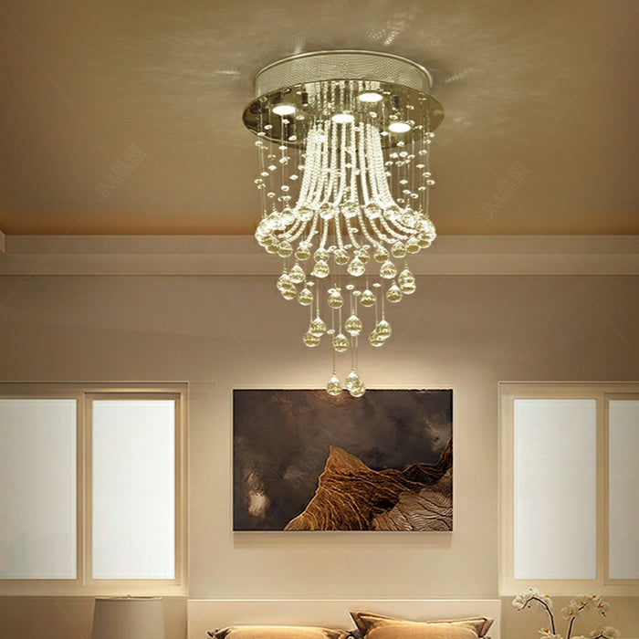 Flush Mounted Crystal Drops Chandelier Eelgant Ceiling Light Fixture For Bedroom/ Living Room