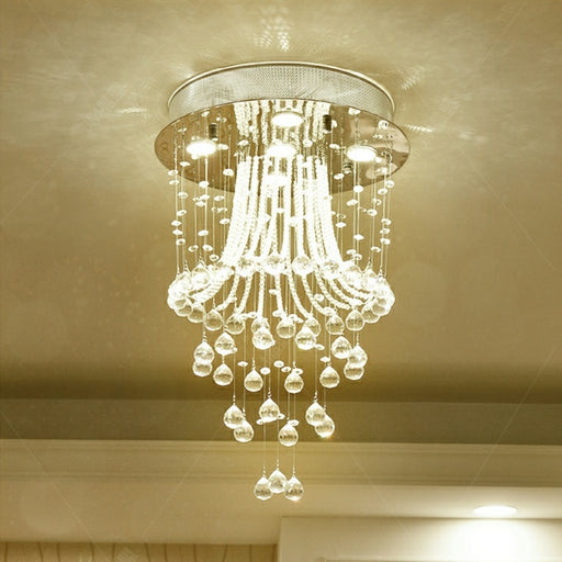 Flush Mounted Crystal Drops Chandelier Elegant Ceiling Light Fixture For Bedroom/ Living Room