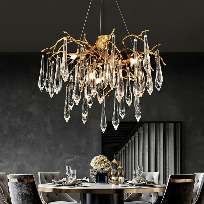 Lámpara de araña de gotas de cristal de rama de sala de estar de estilo francés, accesorio de iluminación de techo para comedor con acabado dorado y cobre moderno